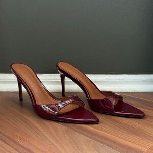 CULT OF COQUETTE GIA WINE PATENT LEATHER VEGAN MULE- 80MM - worn once!!!